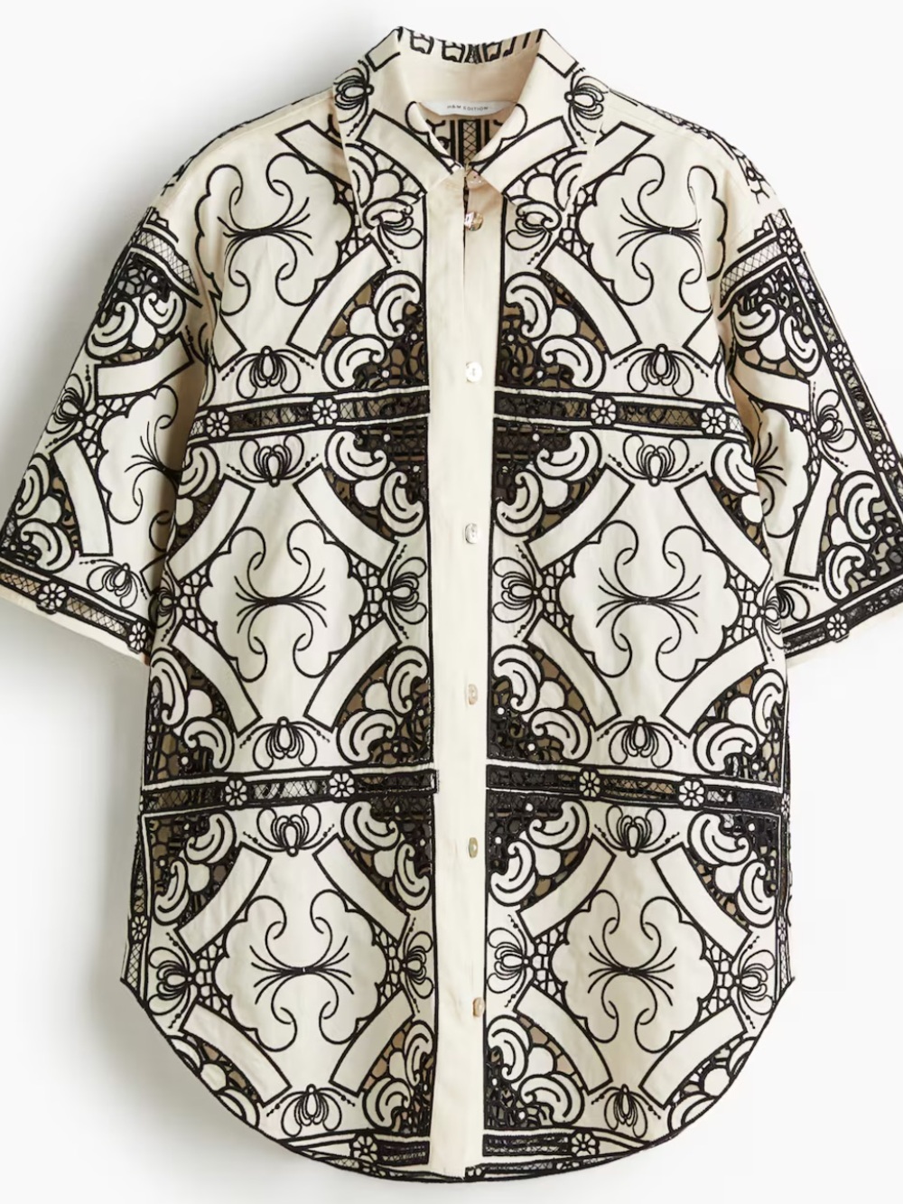 H&M Short-Sleeve Button-Down Shirt in Cream and Black